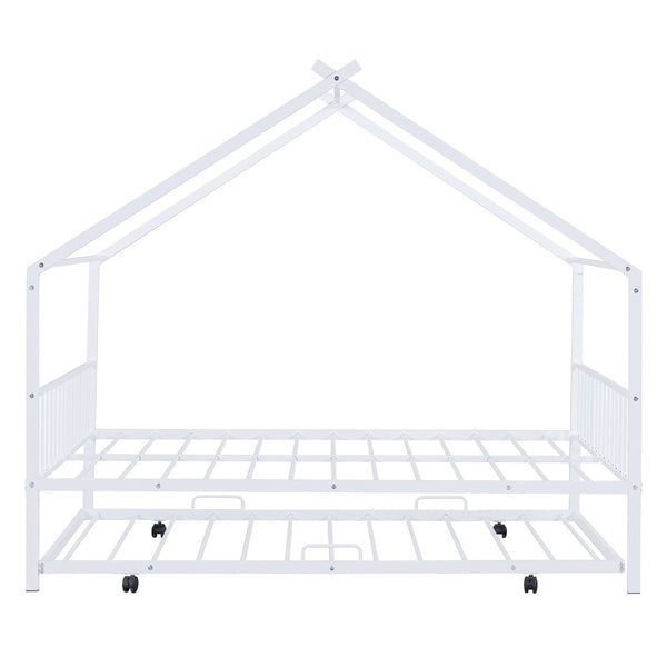 HomeRoots White Metal Full Bed Frame with Trundle - Elegant Design, Durable Construction, Perfect for Guests! 590287