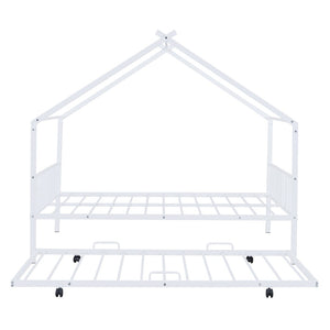 HomeRoots White Metal Full Bed Frame with Trundle - Elegant Design, Durable Construction, Perfect for Guests! 590287