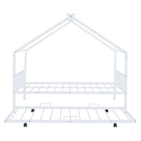 HomeRoots White Metal Full Bed Frame with Trundle - Elegant Design, Durable Construction, Perfect for Guests! 590287
