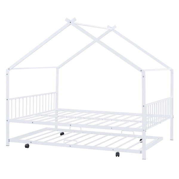 HomeRoots White Metal Full Bed Frame with Trundle - Elegant Design, Durable Construction, Perfect for Guests! 590287