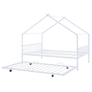 HomeRoots White Metal Full Bed Frame with Trundle - Elegant Design, Durable Construction, Perfect for Guests! 590287