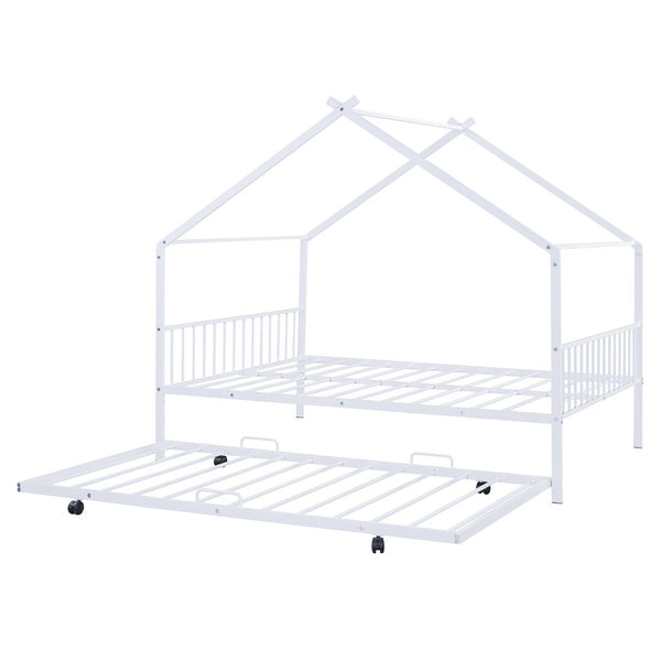 HomeRoots White Metal Full Bed Frame with Trundle - Elegant Design, Durable Construction, Perfect for Guests! 590287