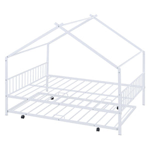 HomeRoots White Metal Full Bed Frame with Trundle - Elegant Design, Durable Construction, Perfect for Guests! 590287