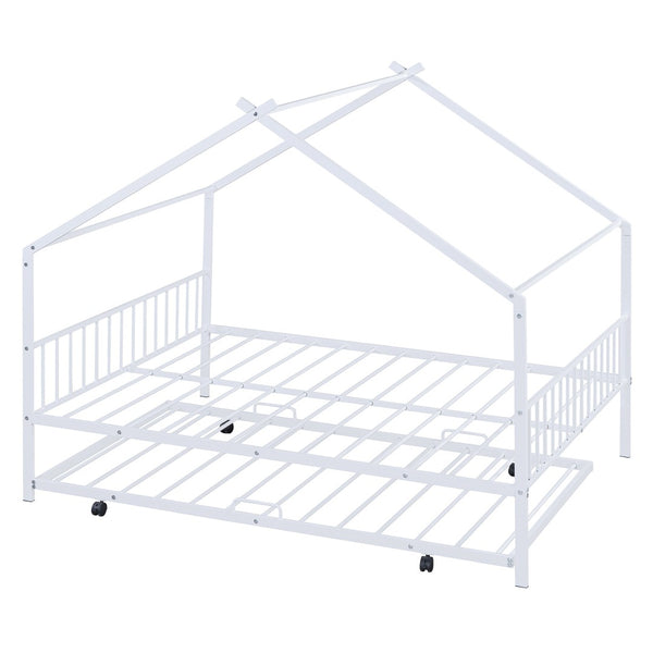HomeRoots White Metal Full Bed Frame with Trundle - Elegant Design, Durable Construction, Perfect for Guests! 590287