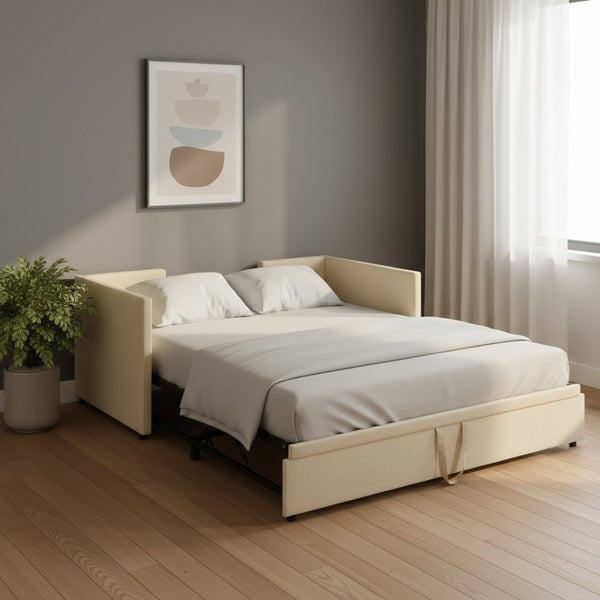 HomeRoots Beige Upholstered Twin Day Bed with Trundle - Stylish Space-Saving Sofa and Comfortable Bed Solution 590288