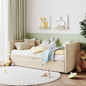 HomeRoots Beige Upholstered Twin Day Bed with Trundle - Stylish Space-Saving Sofa and Comfortable Bed Solution 590288