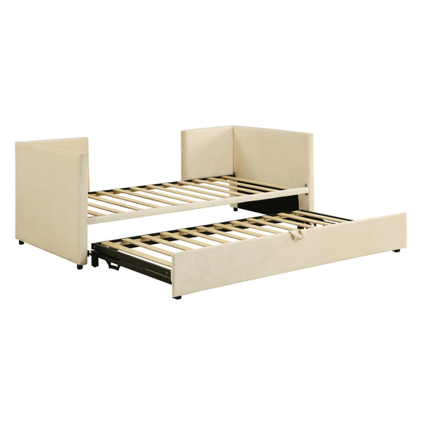HomeRoots Beige Upholstered Twin Day Bed with Trundle - Stylish Space-Saving Sofa and Comfortable Bed Solution 590288