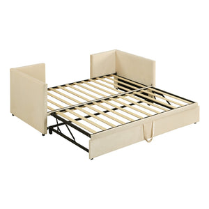 HomeRoots Beige Upholstered Twin Day Bed with Trundle - Stylish Space-Saving Sofa and Comfortable Bed Solution 590288