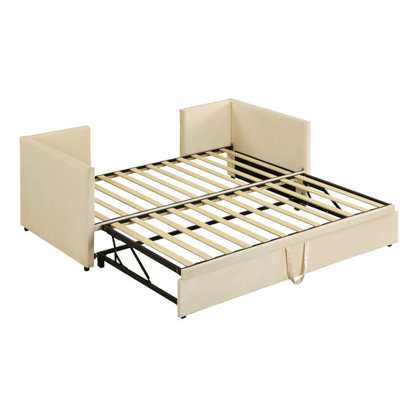 HomeRoots Beige Upholstered Twin Day Bed with Trundle - Stylish Space-Saving Sofa and Comfortable Bed Solution 590288