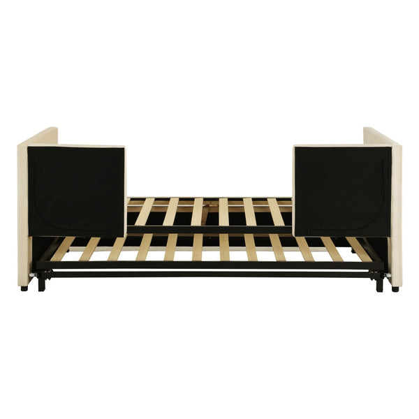 HomeRoots Beige Upholstered Twin Day Bed with Trundle - Stylish Space-Saving Sofa and Comfortable Bed Solution 590288