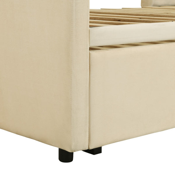 HomeRoots Beige Upholstered Twin Day Bed with Trundle - Stylish Space-Saving Sofa and Comfortable Bed Solution 590288