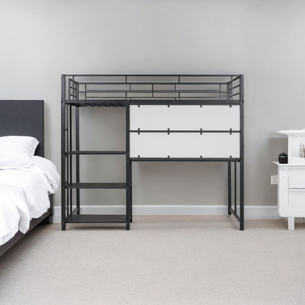 HomeRoots Natural Twin Loft Bed with Desk & Shelving - Space-Saving Steel Frame for Stylish Small Rooms 590289