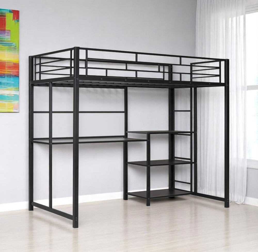 HomeRoots Natural Twin Loft Bed with Desk & Shelving - Space-Saving Steel Frame for Stylish Small Rooms 590289
