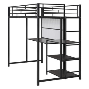 HomeRoots Natural Twin Loft Bed with Desk & Shelving - Space-Saving Steel Frame for Stylish Small Rooms 590289