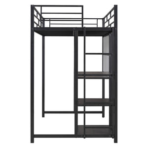 HomeRoots Natural Twin Loft Bed with Desk & Shelving - Space-Saving Steel Frame for Stylish Small Rooms 590289