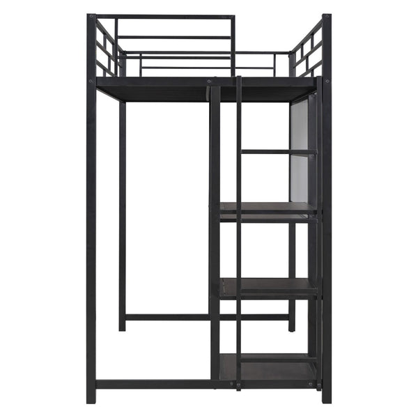 HomeRoots Natural Twin Loft Bed with Desk & Shelving - Space-Saving Steel Frame for Stylish Small Rooms 590289