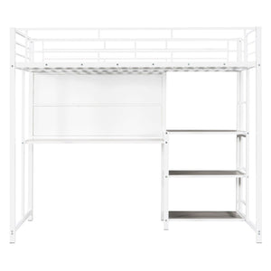 HomeRoots White Slat Steel Twin Loft Bed with Integrated Desk & Shelves – Space-Saving Modern Design Solution 590290