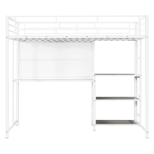 HomeRoots White Slat Steel Twin Loft Bed with Integrated Desk & Shelves – Space-Saving Modern Design Solution 590290