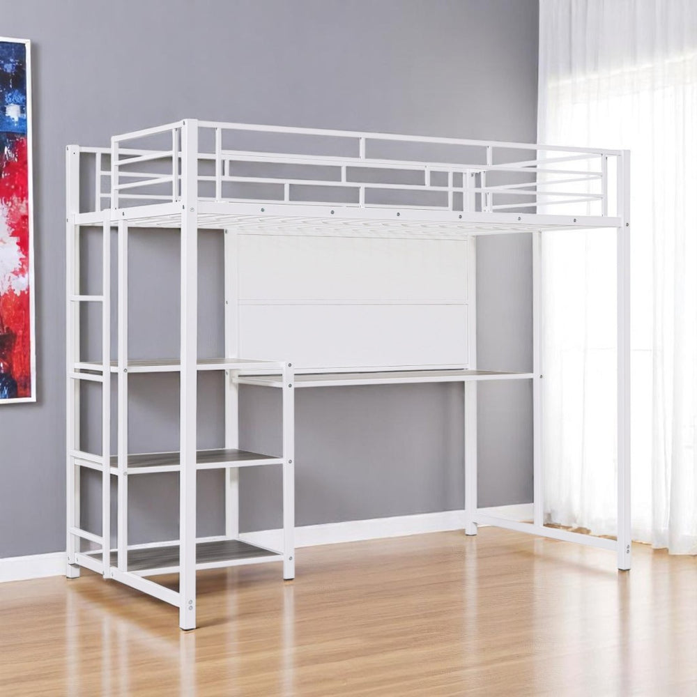 HomeRoots White Slat Steel Twin Loft Bed with Integrated Desk & Shelves – Space-Saving Modern Design Solution 590290