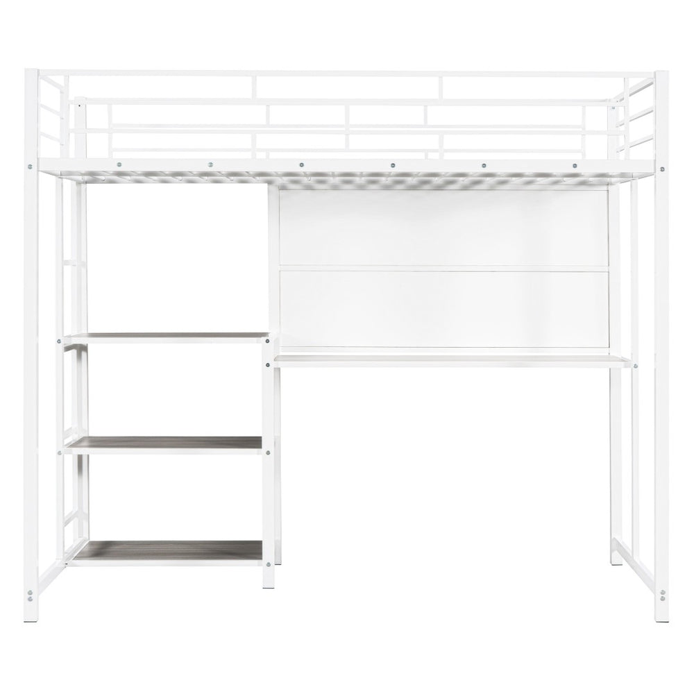 HomeRoots White Slat Steel Twin Loft Bed with Integrated Desk & Shelves – Space-Saving Modern Design Solution 590290