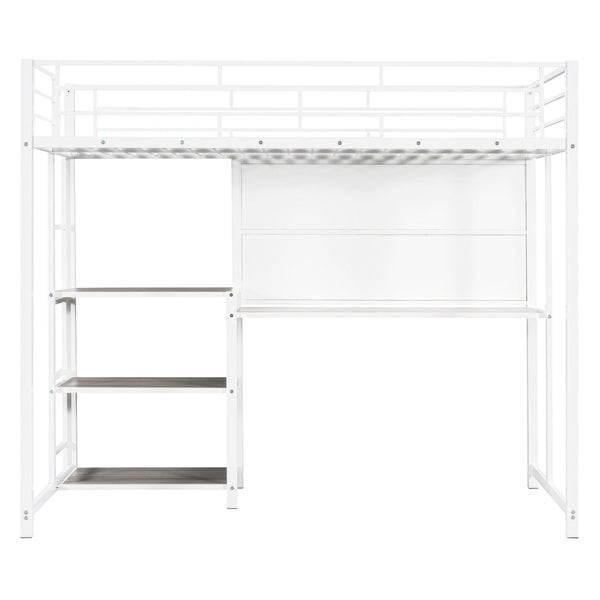 HomeRoots White Slat Steel Twin Loft Bed with Integrated Desk & Shelves – Space-Saving Modern Design Solution 590290