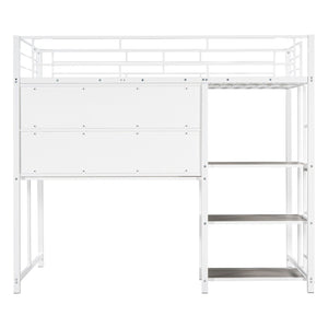 HomeRoots White Slat Steel Twin Loft Bed with Integrated Desk & Shelves – Space-Saving Modern Design Solution 590290