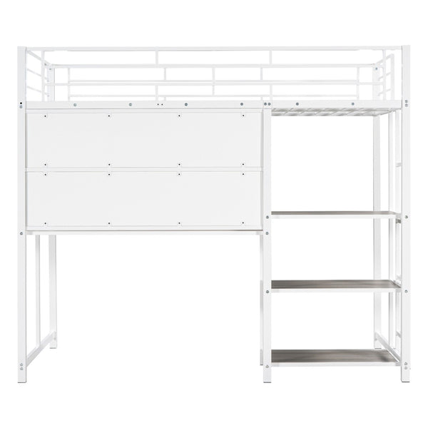 HomeRoots White Slat Steel Twin Loft Bed with Integrated Desk & Shelves – Space-Saving Modern Design Solution 590290