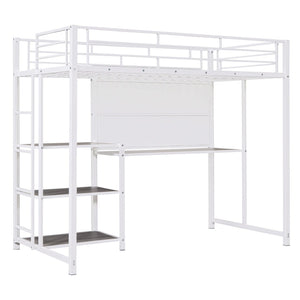 HomeRoots White Slat Steel Twin Loft Bed with Integrated Desk & Shelves – Space-Saving Modern Design Solution 590290
