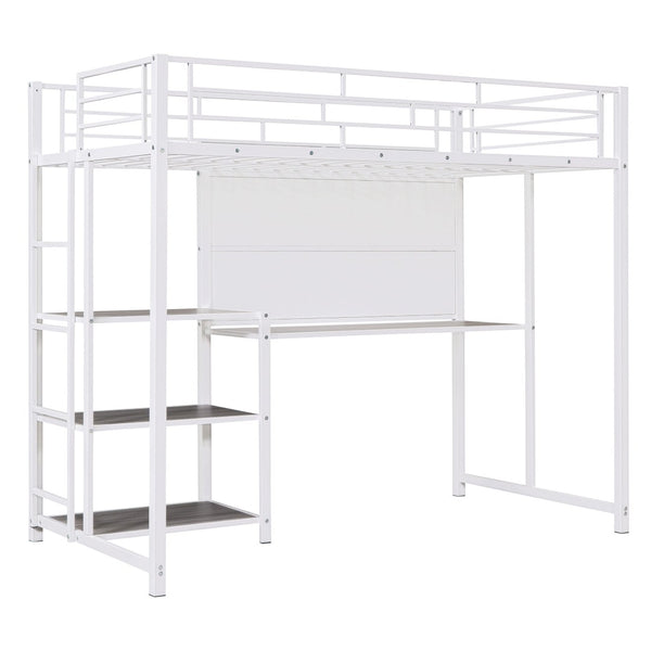 HomeRoots White Slat Steel Twin Loft Bed with Integrated Desk & Shelves – Space-Saving Modern Design Solution 590290