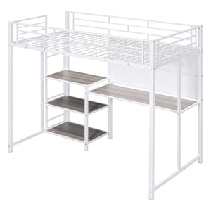 HomeRoots White Slat Steel Twin Loft Bed with Integrated Desk & Shelves – Space-Saving Modern Design Solution 590290