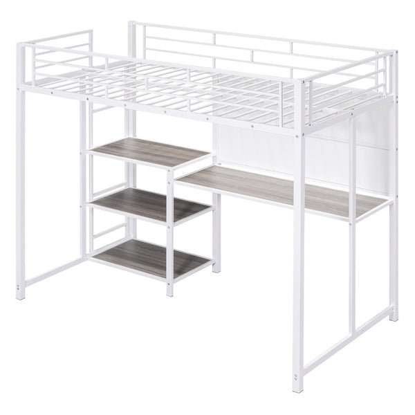 HomeRoots White Slat Steel Twin Loft Bed with Integrated Desk & Shelves – Space-Saving Modern Design Solution 590290