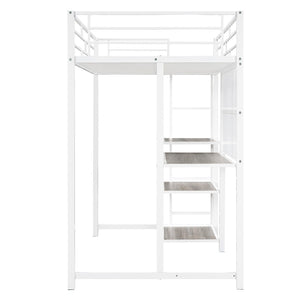 HomeRoots White Slat Steel Twin Loft Bed with Integrated Desk & Shelves – Space-Saving Modern Design Solution 590290