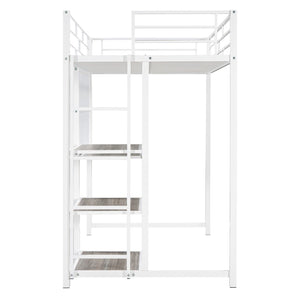 HomeRoots White Slat Steel Twin Loft Bed with Integrated Desk & Shelves – Space-Saving Modern Design Solution 590290