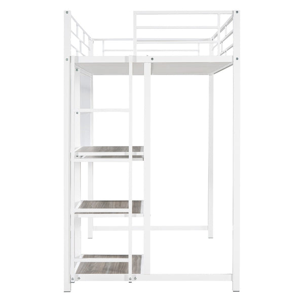 HomeRoots White Slat Steel Twin Loft Bed with Integrated Desk & Shelves – Space-Saving Modern Design Solution 590290