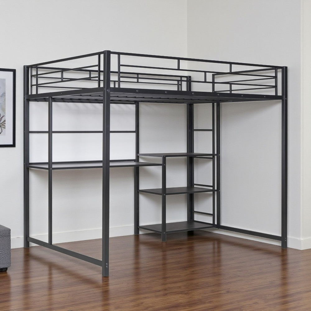 HomeRoots Black Full Double Loft Bed with Integrated Desk & Shelving – Space-Saving Steel Design for Modern Living 590291