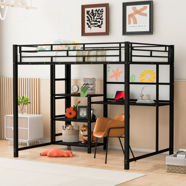 HomeRoots Black Full Double Loft Bed with Integrated Desk & Shelving – Space-Saving Steel Design for Modern Living 590291