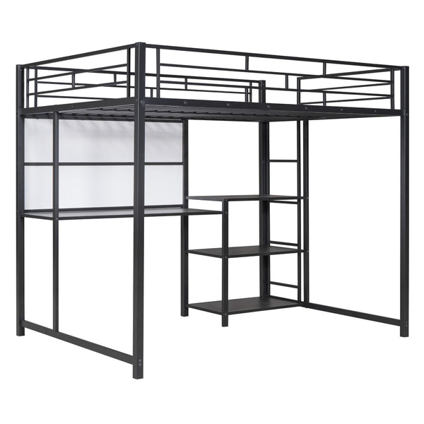 HomeRoots Black Full Double Loft Bed with Integrated Desk & Shelving – Space-Saving Steel Design for Modern Living 590291