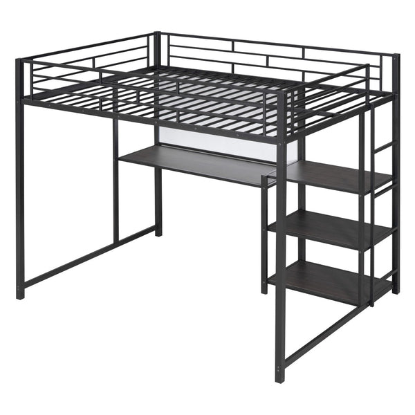HomeRoots Black Full Double Loft Bed with Integrated Desk & Shelving – Space-Saving Steel Design for Modern Living 590291