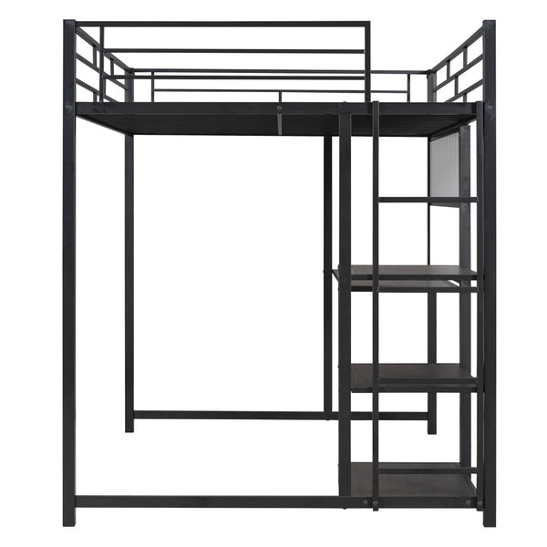 HomeRoots Black Full Double Loft Bed with Integrated Desk & Shelving – Space-Saving Steel Design for Modern Living 590291