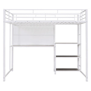 HomeRoots White Steel Loft Bed with Desk & Shelves – Maximize Space in Small Rooms, Ideal for Dorms & Families 590292