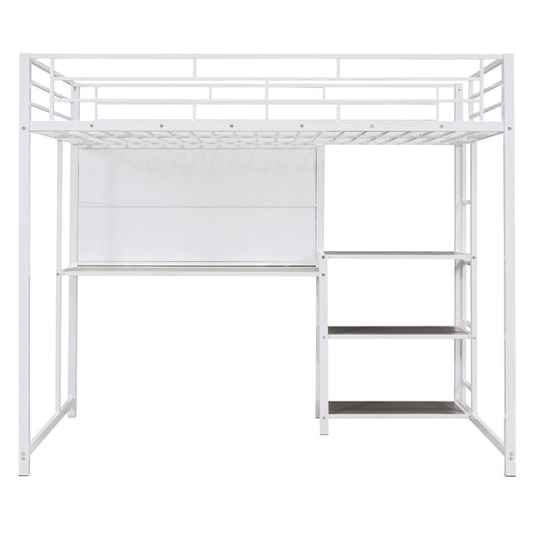 HomeRoots White Steel Loft Bed with Desk & Shelves – Maximize Space in Small Rooms, Ideal for Dorms & Families 590292