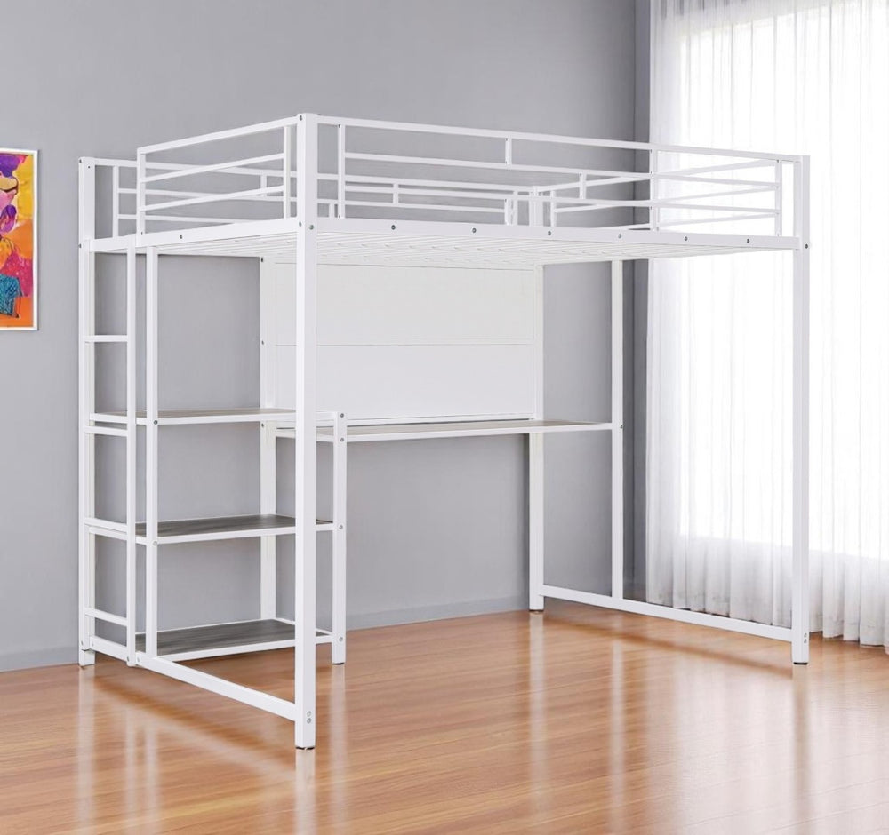 HomeRoots White Steel Loft Bed with Desk & Shelves – Maximize Space in Small Rooms, Ideal for Dorms & Families 590292