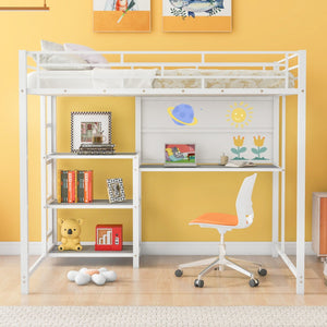 HomeRoots White Steel Loft Bed with Desk & Shelves – Maximize Space in Small Rooms, Ideal for Dorms & Families 590292