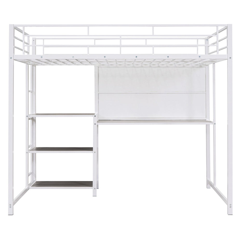 HomeRoots White Steel Loft Bed with Desk & Shelves – Maximize Space in Small Rooms, Ideal for Dorms & Families 590292