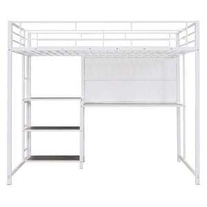 HomeRoots White Steel Loft Bed with Desk & Shelves – Maximize Space in Small Rooms, Ideal for Dorms & Families 590292
