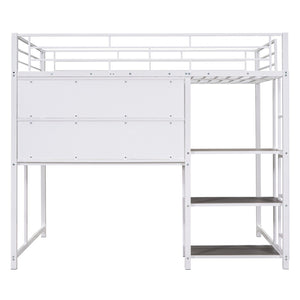 HomeRoots White Steel Loft Bed with Desk & Shelves – Maximize Space in Small Rooms, Ideal for Dorms & Families 590292