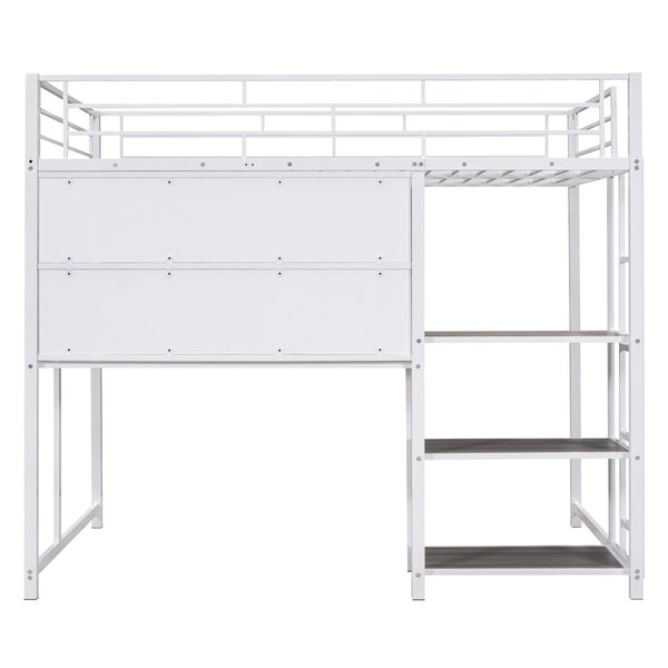 HomeRoots White Steel Loft Bed with Desk & Shelves – Maximize Space in Small Rooms, Ideal for Dorms & Families 590292
