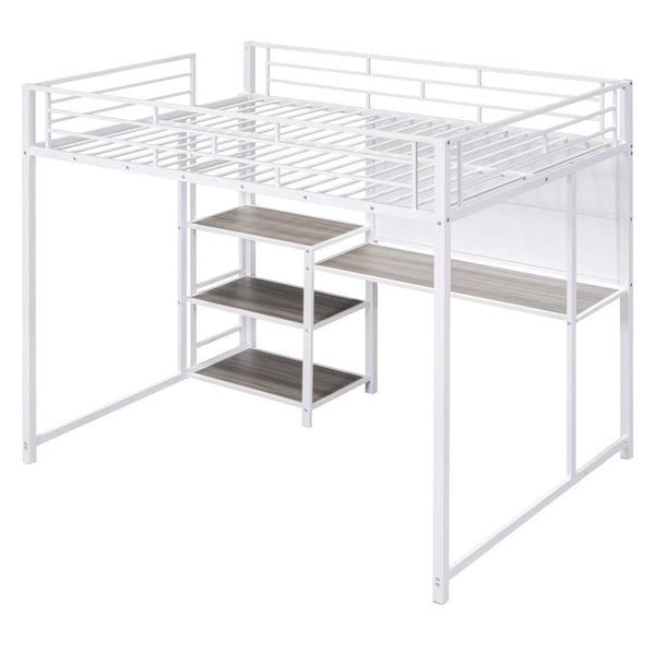HomeRoots White Steel Loft Bed with Desk & Shelves – Maximize Space in Small Rooms, Ideal for Dorms & Families 590292