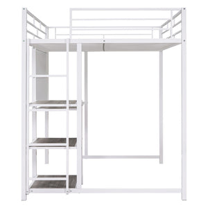 HomeRoots White Steel Loft Bed with Desk & Shelves – Maximize Space in Small Rooms, Ideal for Dorms & Families 590292