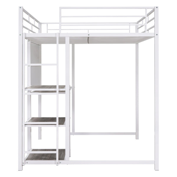 HomeRoots White Steel Loft Bed with Desk & Shelves – Maximize Space in Small Rooms, Ideal for Dorms & Families 590292